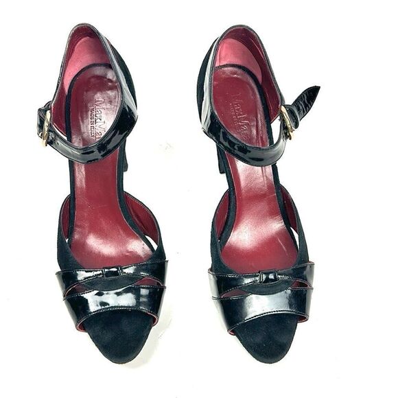 MaxMara Black Heels Suede Patent Leather Peep Toe Mary Jane Italy 40 US 10 - Picture 6 of 16